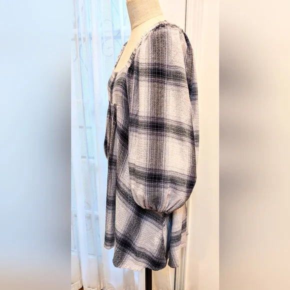 Urban Outfitters M navy plaid Juliette tunic mini top balloon sleeves sexy cute - Picture 5 of 8